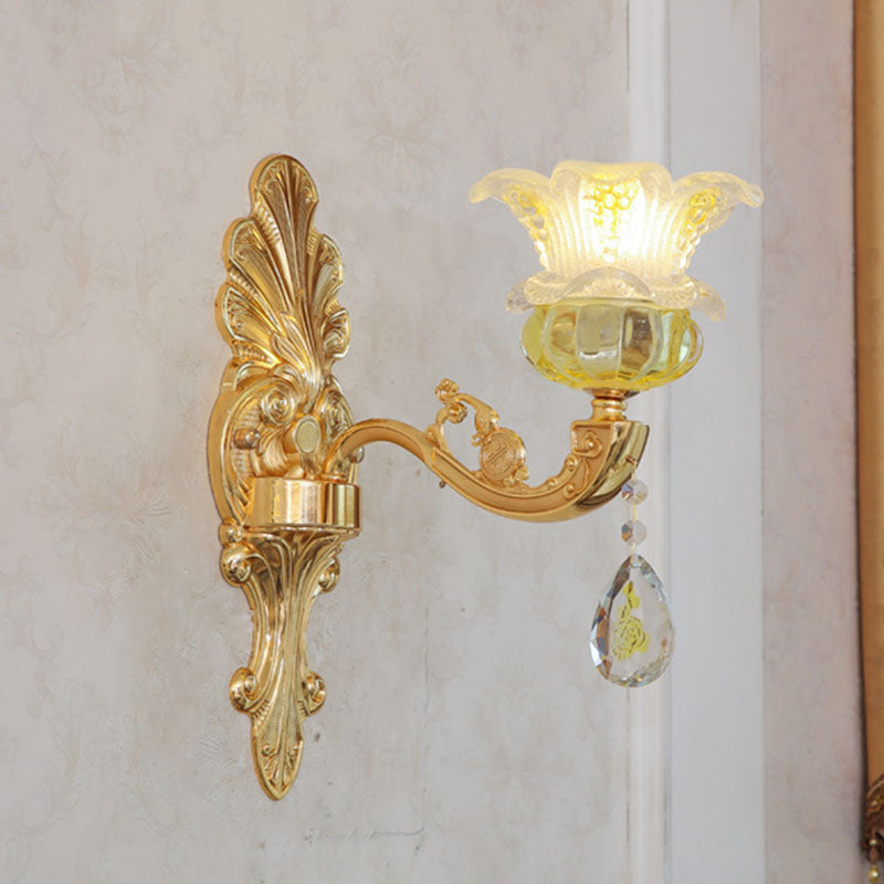 Floral K9 Crystal Drop Lamp Contemporary Gold Chandelier Light Fixture for Bedroom 1 Gold Clearhalo 'Ceiling Lights' 'Chandeliers' 'Modern Chandeliers' 'Modern' Lighting' 2030104