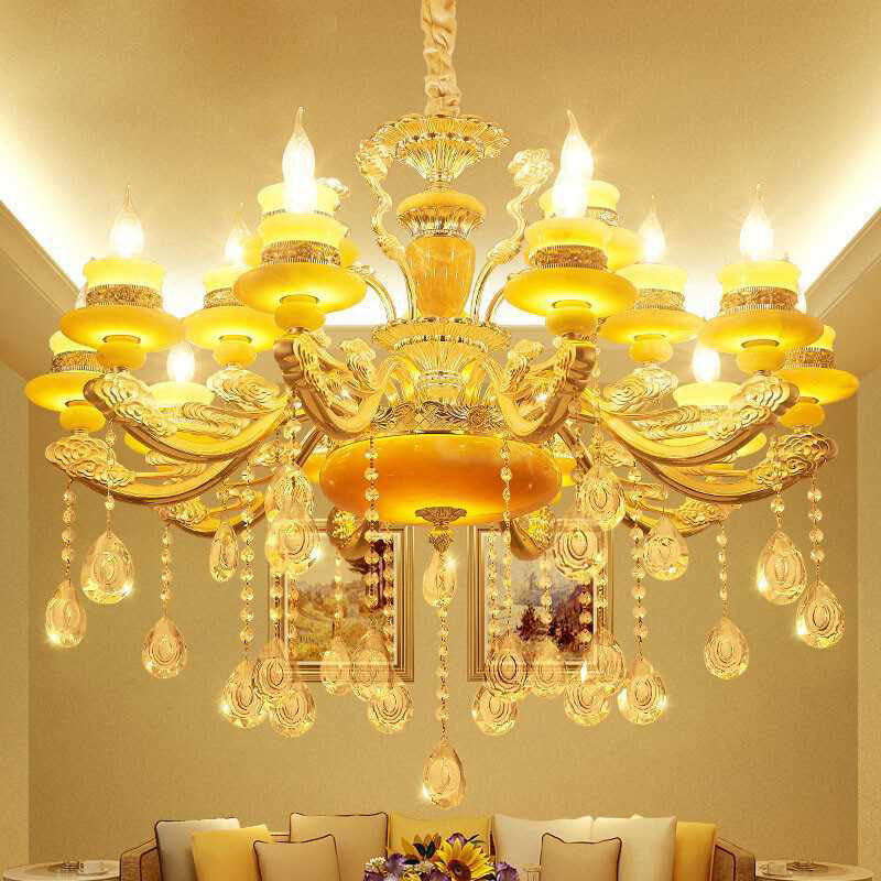 Candelabra Living Room Pendant Chandelier Country Jade Gold Hanging Lighting with Crystal Droplet Clearhalo 'Ceiling Lights' 'Chandeliers' Lighting' options 2030111