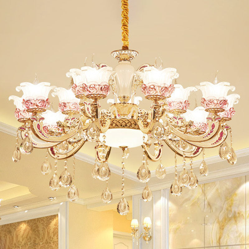 Modern Flower Hanging Chandelier Frosted Glass Living Room Drop Pendant with Dangling Crystal Accent 15 Gold Clearhalo 'Ceiling Lights' 'Chandeliers' 'Modern Chandeliers' 'Modern' Lighting' 2030139