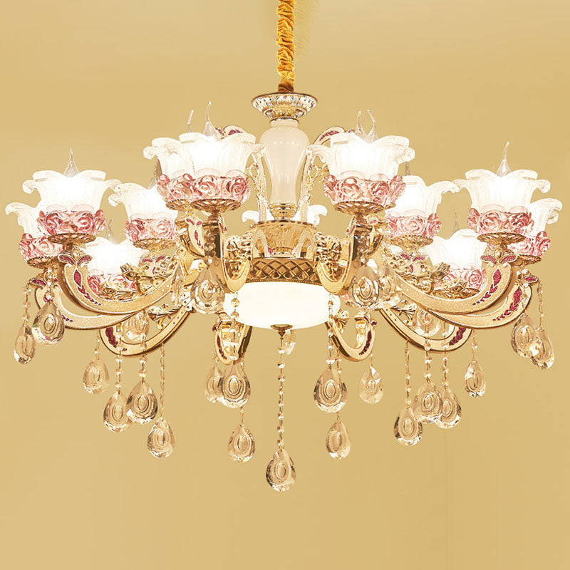 Modern Flower Hanging Chandelier Frosted Glass Living Room Drop Pendant with Dangling Crystal Accent Clearhalo 'Ceiling Lights' 'Chandeliers' 'Modern Chandeliers' 'Modern' Lighting' 2030140
