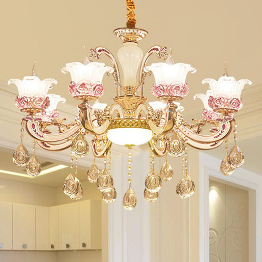 Modern Flower Hanging Chandelier Frosted Glass Living Room Drop Pendant with Dangling Crystal Accent 8 Gold Clearhalo 'Ceiling Lights' 'Chandeliers' 'Modern Chandeliers' 'Modern' Lighting' 2030142