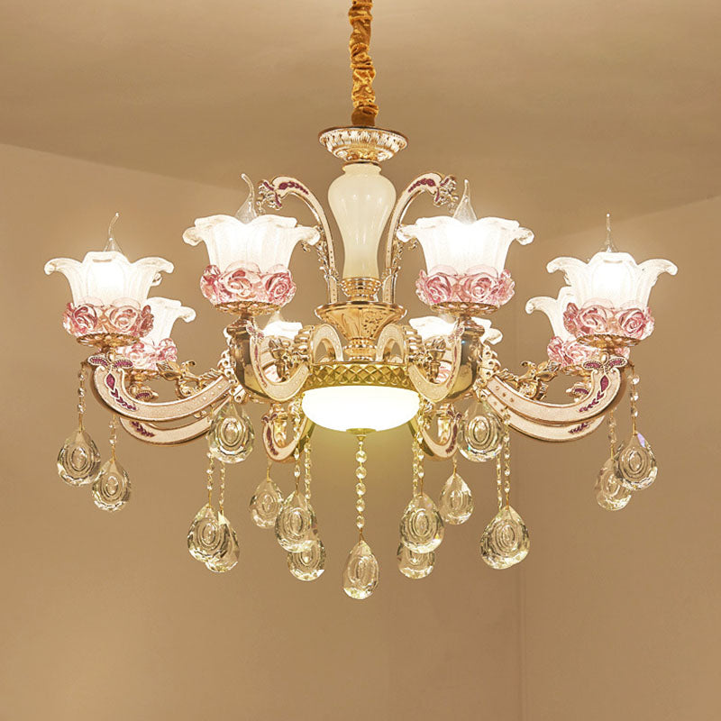 Modern Flower Hanging Chandelier Frosted Glass Living Room Drop Pendant with Dangling Crystal Accent Clearhalo 'Ceiling Lights' 'Chandeliers' 'Modern Chandeliers' 'Modern' Lighting' 2030143