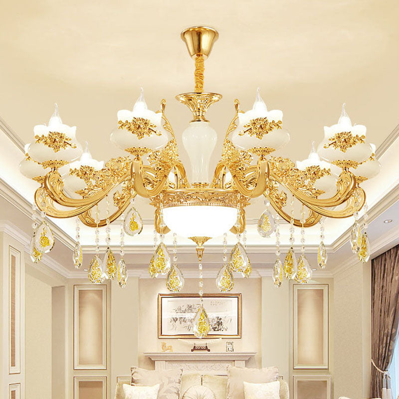 Flowerbud Living Room Ceiling Lamp Faux Jade Simplicity Chandelier Lighting Fixture in Gold 10 Gold Clearhalo 'Ceiling Lights' 'Chandeliers' Lighting' options 2030155_a803217a-f2ba-4174-8673-cbf178ccfd8c