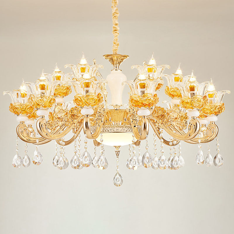 Living Room Chandelier Lamp Simple Gold Suspension Light Fixture with Floral Clear Glass Shade 18 Gold Clearhalo 'Ceiling Lights' 'Chandeliers' 'Modern Chandeliers' 'Modern' Lighting' 2030158