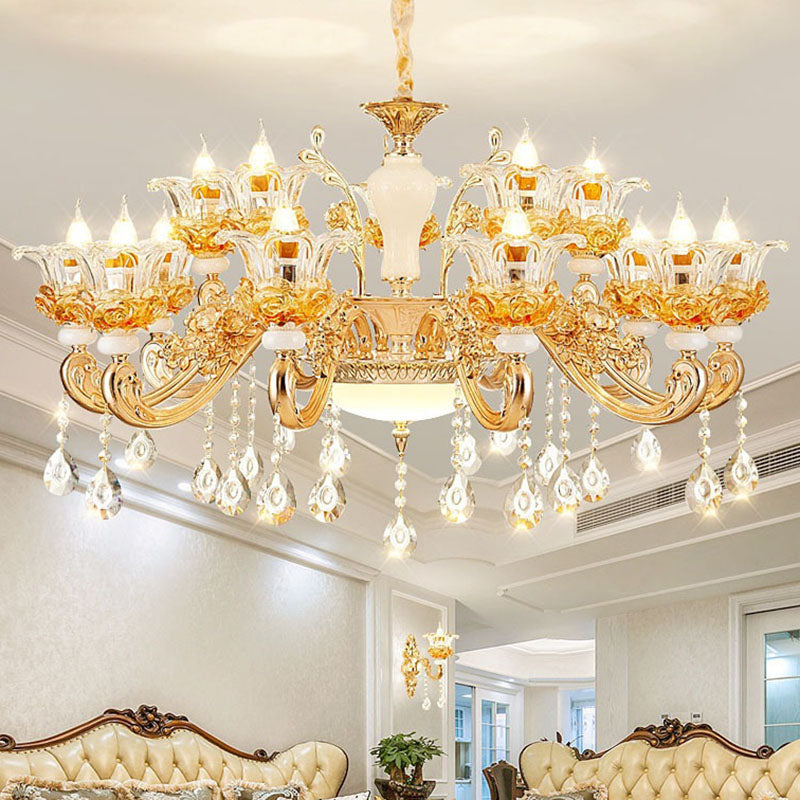 Living Room Chandelier Lamp Simple Gold Suspension Light Fixture with Floral Clear Glass Shade Clearhalo 'Ceiling Lights' 'Chandeliers' 'Modern Chandeliers' 'Modern' Lighting' 2030159