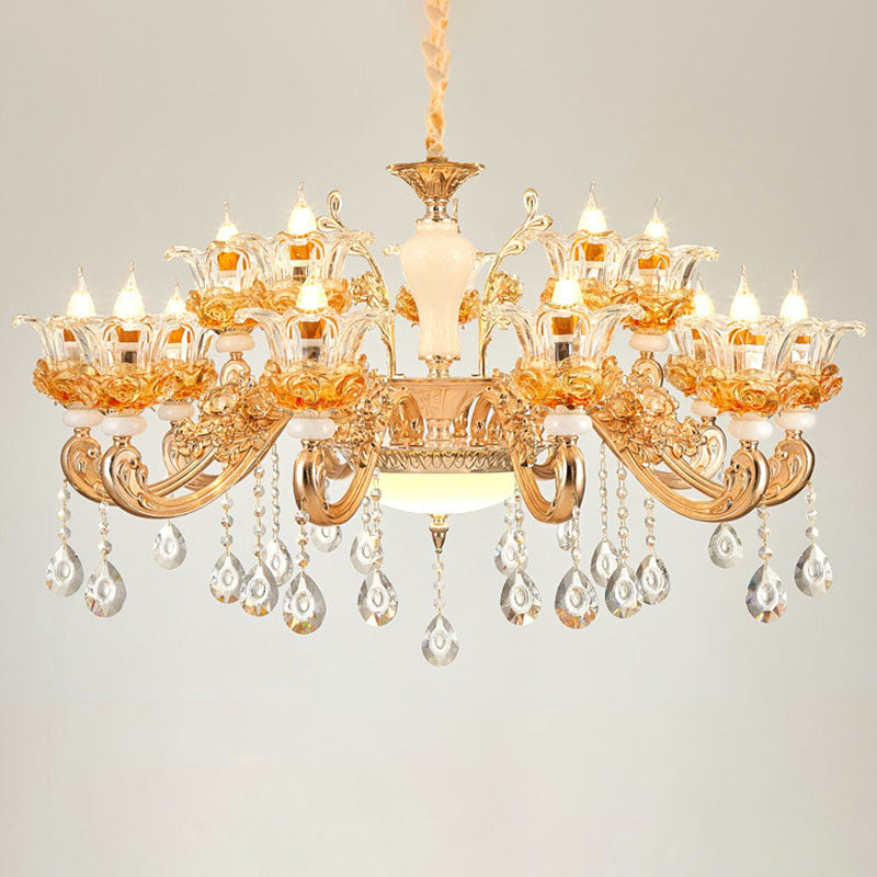 Living Room Chandelier Lamp Simple Gold Suspension Light Fixture with Floral Clear Glass Shade Clearhalo 'Ceiling Lights' 'Chandeliers' 'Modern Chandeliers' 'Modern' Lighting' 2030160