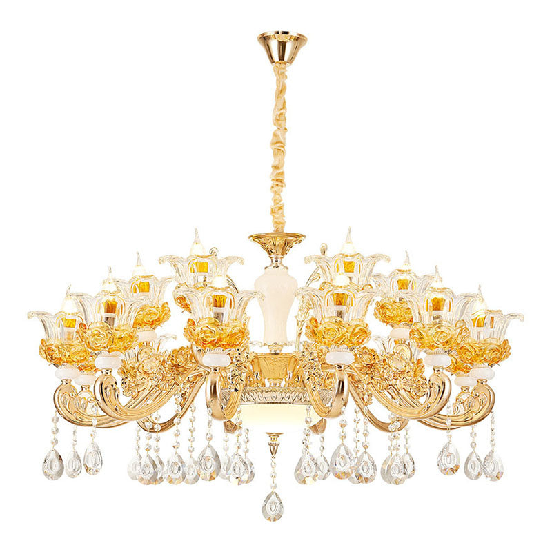 Living Room Chandelier Lamp Simple Gold Suspension Light Fixture with Floral Clear Glass Shade Clearhalo 'Ceiling Lights' 'Chandeliers' 'Modern Chandeliers' 'Modern' Lighting' 2030161