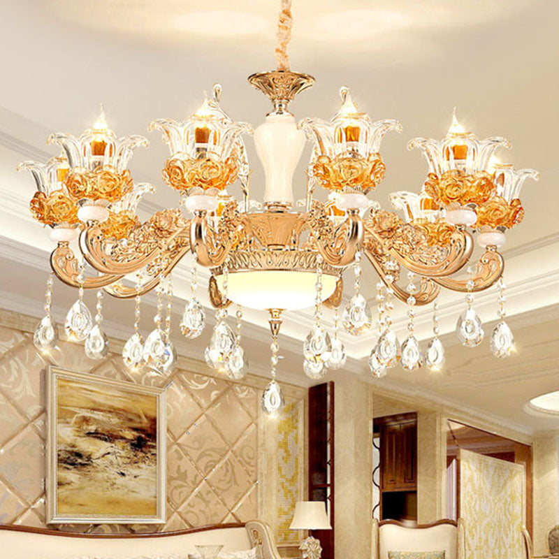 Living Room Chandelier Lamp Simple Gold Suspension Light Fixture with Floral Clear Glass Shade 15 Gold Clearhalo 'Ceiling Lights' 'Chandeliers' 'Modern Chandeliers' 'Modern' Lighting' 2030162