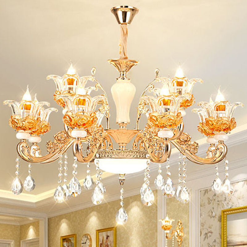 Living Room Chandelier Lamp Simple Gold Suspension Light Fixture with Floral Clear Glass Shade 12 Gold Clearhalo 'Ceiling Lights' 'Chandeliers' 'Modern Chandeliers' 'Modern' Lighting' 2030163