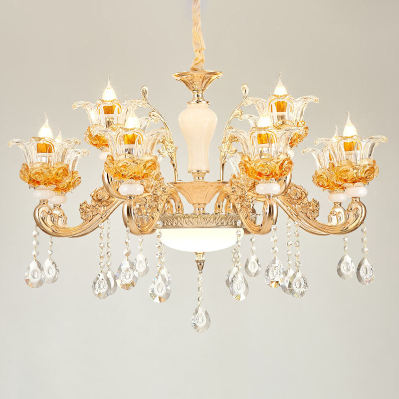 Living Room Chandelier Lamp Simple Gold Suspension Light Fixture with Floral Clear Glass Shade Clearhalo 'Ceiling Lights' 'Chandeliers' 'Modern Chandeliers' 'Modern' Lighting' 2030164