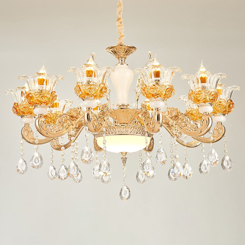 Living Room Chandelier Lamp Simple Gold Suspension Light Fixture with Floral Clear Glass Shade 10 Gold Clearhalo 'Ceiling Lights' 'Chandeliers' 'Modern Chandeliers' 'Modern' Lighting' 2030165