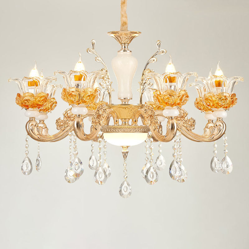Living Room Chandelier Lamp Simple Gold Suspension Light Fixture with Floral Clear Glass Shade 8 Gold Clearhalo 'Ceiling Lights' 'Chandeliers' 'Modern Chandeliers' 'Modern' Lighting' 2030166