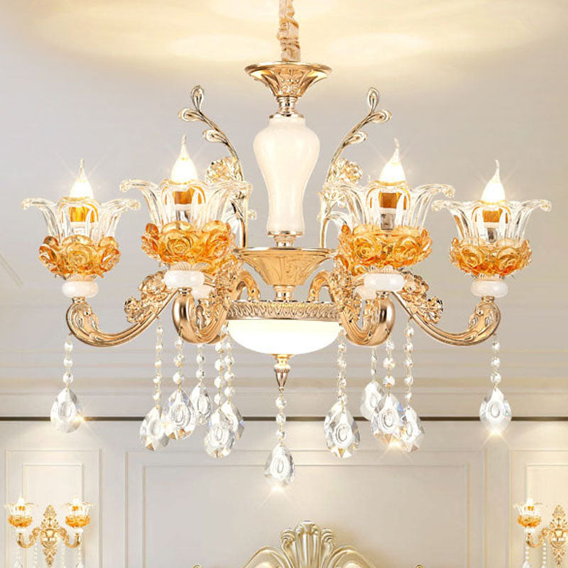 Living Room Chandelier Lamp Simple Gold Suspension Light Fixture with Floral Clear Glass Shade 6 Gold Clearhalo 'Ceiling Lights' 'Chandeliers' 'Modern Chandeliers' 'Modern' Lighting' 2030167