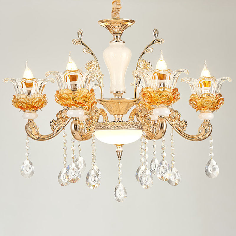 Living Room Chandelier Lamp Simple Gold Suspension Light Fixture with Floral Clear Glass Shade Clearhalo 'Ceiling Lights' 'Chandeliers' 'Modern Chandeliers' 'Modern' Lighting' 2030168