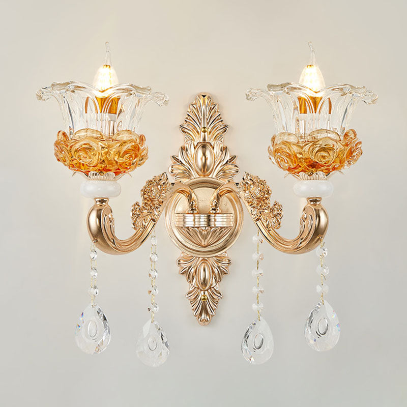 Living Room Chandelier Lamp Simple Gold Suspension Light Fixture with Floral Clear Glass Shade 2 Gold Clearhalo 'Ceiling Lights' 'Chandeliers' 'Modern Chandeliers' 'Modern' Lighting' 2030170