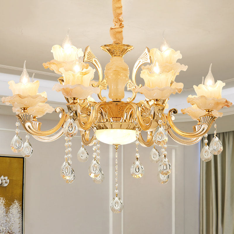 Blossom Jade Chandelier Light Fixture Minimalist Gold Hanging Lamp Kit with Crystal Draping Clearhalo 'Ceiling Lights' 'Chandeliers' 'Modern Chandeliers' 'Modern' Lighting' 2030175