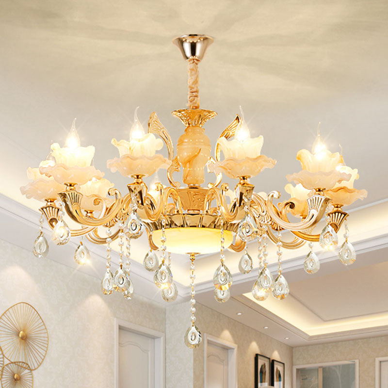Blossom Jade Chandelier Light Fixture Minimalist Gold Hanging Lamp Kit with Crystal Draping 10 Gold A Clearhalo 'Ceiling Lights' 'Chandeliers' 'Modern Chandeliers' 'Modern' Lighting' 2030176