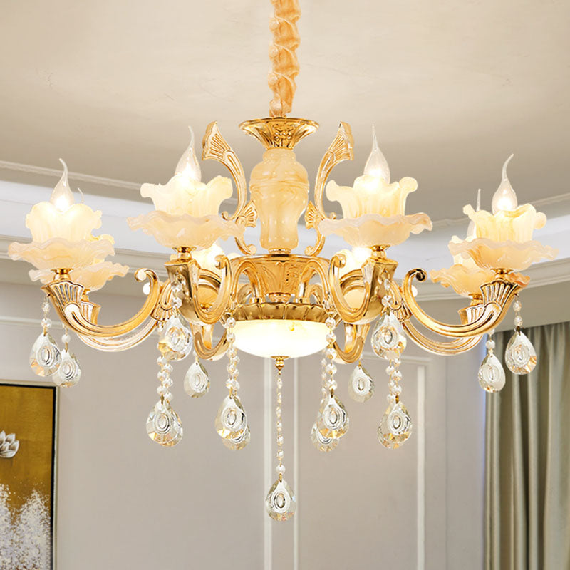 Blossom Jade Chandelier Light Fixture Minimalist Gold Hanging Lamp Kit with Crystal Draping 8 Gold A Clearhalo 'Ceiling Lights' 'Chandeliers' 'Modern Chandeliers' 'Modern' Lighting' 2030178
