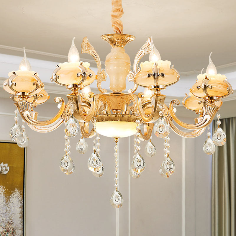 Blossom Jade Chandelier Light Fixture Minimalist Gold Hanging Lamp Kit with Crystal Draping 8 Gold C Clearhalo 'Ceiling Lights' 'Chandeliers' 'Modern Chandeliers' 'Modern' Lighting' 2030192