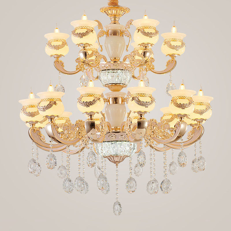 Gold Candle Pendant Chandelier Country Jade Living Room Hanging Lighting with Crystal Accent 18 Gold Clearhalo 'Ceiling Lights' 'Chandeliers' Lighting' options 2030195_43f2267e-8bb2-44fb-9f20-a16959b54c9a