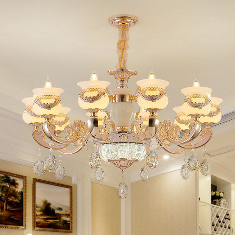 Gold Candle Pendant Chandelier Country Jade Living Room Hanging Lighting with Crystal Accent 10 Gold Clearhalo 'Ceiling Lights' 'Chandeliers' Lighting' options 2030201_6724357e-33b2-4fcb-93d9-493345bb744c