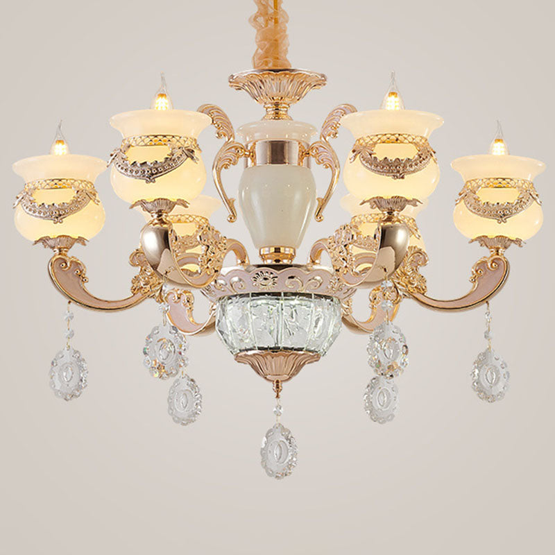 Gold Candle Pendant Chandelier Country Jade Living Room Hanging Lighting with Crystal Accent Clearhalo 'Ceiling Lights' 'Chandeliers' Lighting' options 2030204