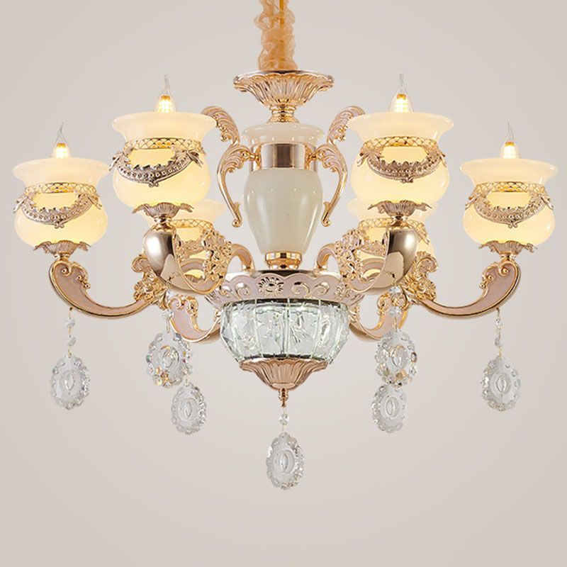 Gold Candle Pendant Chandelier Country Jade Living Room Hanging Lighting with Crystal Accent 6 Gold Clearhalo 'Ceiling Lights' 'Chandeliers' Lighting' options 2030204_0ca2fb90-09b7-4721-b4a7-cd4716eac685