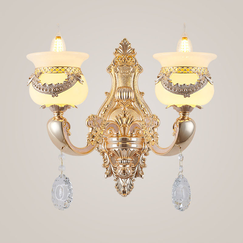 Gold Candle Pendant Chandelier Country Jade Living Room Hanging Lighting with Crystal Accent 2 Gold Clearhalo 'Ceiling Lights' 'Chandeliers' Lighting' options 2030205_e511948a-05dc-4e86-af60-f9b3192abdc9