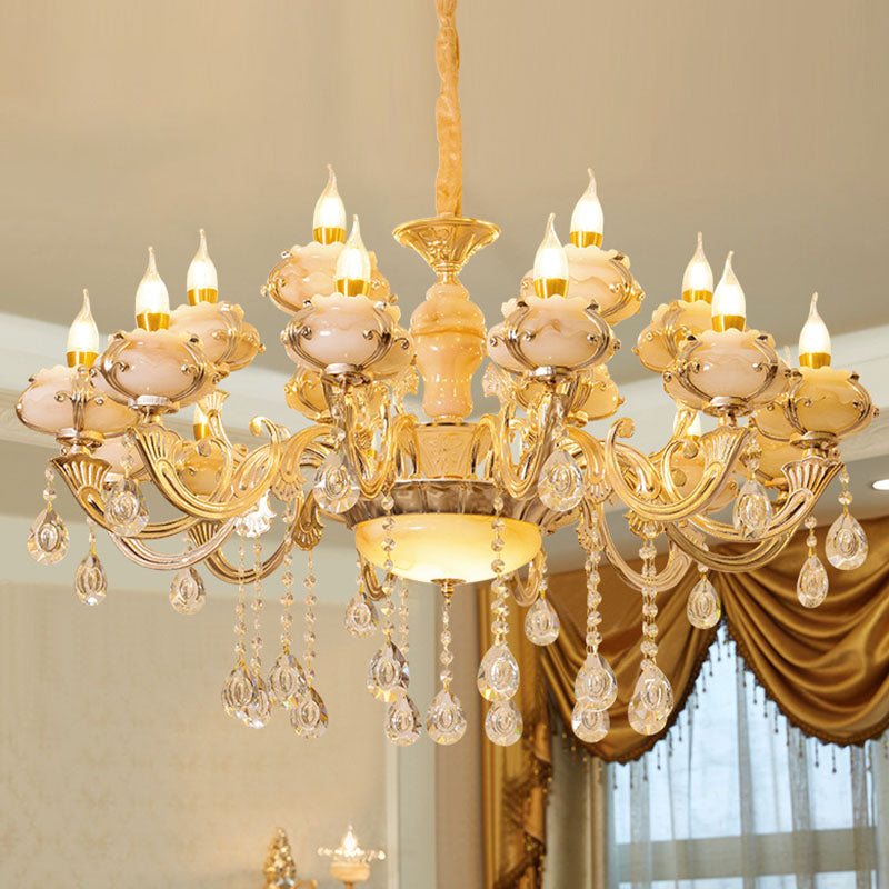 Floral Living Room Ceiling Pendant Rustic Jade Gold Chandelier Lighting Fixture with Crystal Draping 18 Gold C Clearhalo 'Ceiling Lights' 'Chandeliers' Lighting' options 2030207_63eb8803-708c-455d-8ce1-34778a0a4d7a