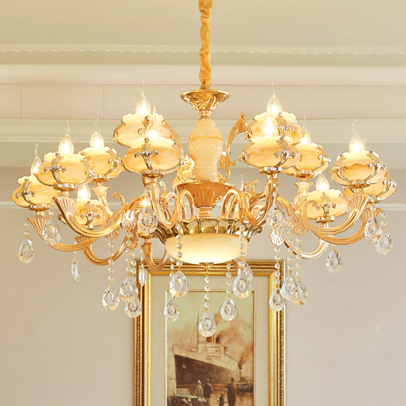 Floral Living Room Ceiling Pendant Rustic Jade Gold Chandelier Lighting Fixture with Crystal Draping 15 Gold C Clearhalo 'Ceiling Lights' 'Chandeliers' Lighting' options 2030208_96e49ea2-9aec-4d45-a8cb-713d6571904c