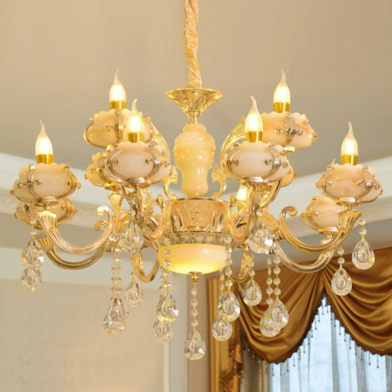 Floral Living Room Ceiling Pendant Rustic Jade Gold Chandelier Lighting Fixture with Crystal Draping 12 Gold C Clearhalo 'Ceiling Lights' 'Chandeliers' Lighting' options 2030209_fca86de2-4ec6-46d4-8d92-8f959af2d91e