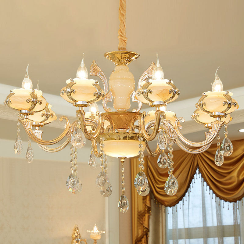 Floral Living Room Ceiling Pendant Rustic Jade Gold Chandelier Lighting Fixture with Crystal Draping 8 Gold C Clearhalo 'Ceiling Lights' 'Chandeliers' Lighting' options 2030211_5591c9de-6d4d-4b71-8a85-a0d35a761b5c