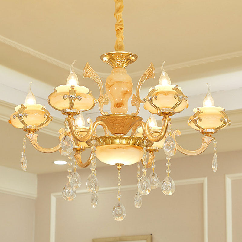 Floral Living Room Ceiling Pendant Rustic Jade Gold Chandelier Lighting Fixture with Crystal Draping 6 Gold C Clearhalo 'Ceiling Lights' 'Chandeliers' Lighting' options 2030212_a71a584e-fce8-463a-aa77-f42802752322