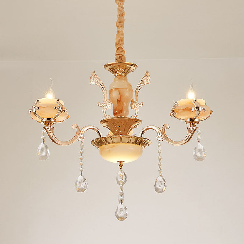 Floral Living Room Ceiling Pendant Rustic Jade Gold Chandelier Lighting Fixture with Crystal Draping Clearhalo 'Ceiling Lights' 'Chandeliers' Lighting' options 2030213