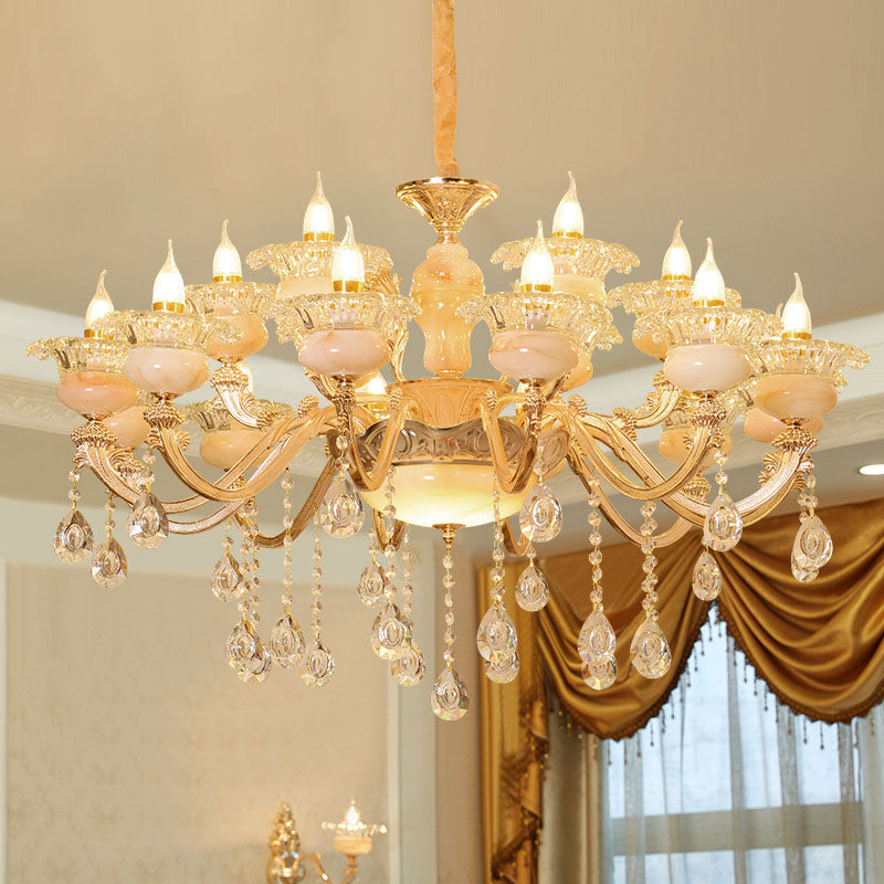 Floral Living Room Ceiling Pendant Rustic Jade Gold Chandelier Lighting Fixture with Crystal Draping 18 Gold B Clearhalo 'Ceiling Lights' 'Chandeliers' Lighting' options 2030214_8b21fd3c-0337-483b-816f-b568db656e08