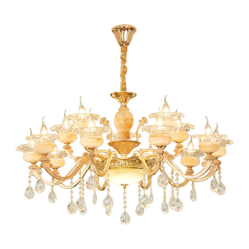 Floral Living Room Ceiling Pendant Rustic Jade Gold Chandelier Lighting Fixture with Crystal Draping Clearhalo 'Ceiling Lights' 'Chandeliers' Lighting' options 2030217