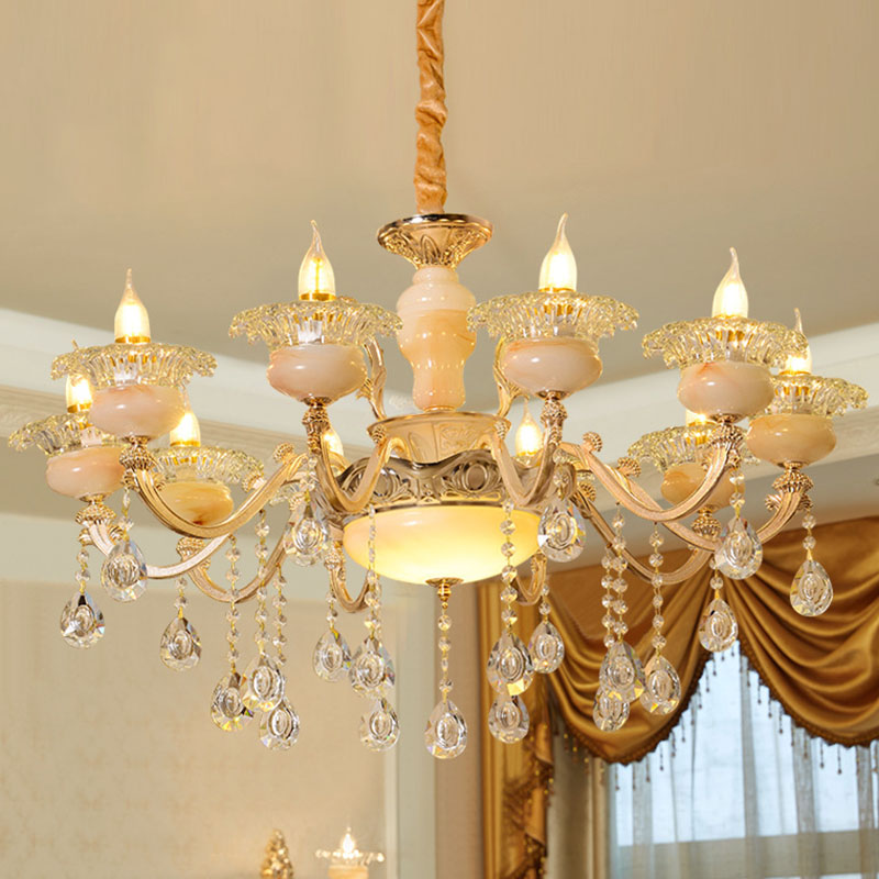 Floral Living Room Ceiling Pendant Rustic Jade Gold Chandelier Lighting Fixture with Crystal Draping 10 Gold B Clearhalo 'Ceiling Lights' 'Chandeliers' Lighting' options 2030219_ff2a3b1d-c103-4a9d-98cd-23131f8a4bb2