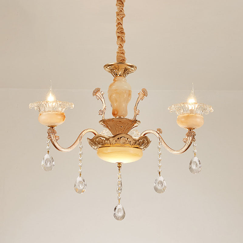 Floral Living Room Ceiling Pendant Rustic Jade Gold Chandelier Lighting Fixture with Crystal Draping Clearhalo 'Ceiling Lights' 'Chandeliers' Lighting' options 2030223