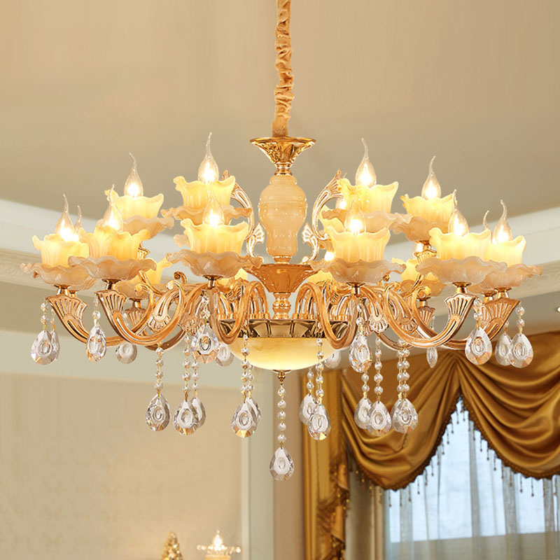 Floral Living Room Ceiling Pendant Rustic Jade Gold Chandelier Lighting Fixture with Crystal Draping 18 Gold A Clearhalo 'Ceiling Lights' 'Chandeliers' Lighting' options 2030224_9b6a469a-e89e-42da-a499-21c66f955f4b