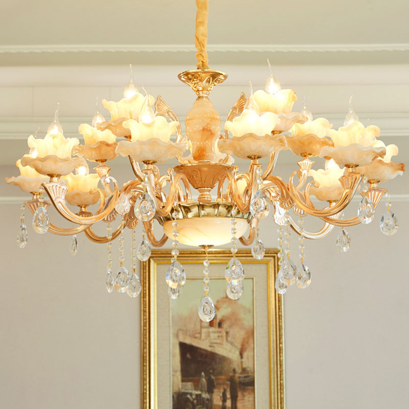 Floral Living Room Ceiling Pendant Rustic Jade Gold Chandelier Lighting Fixture with Crystal Draping 15 Gold A Clearhalo 'Ceiling Lights' 'Chandeliers' Lighting' options 2030225_0bb40523-4397-492f-9aae-c5e5f05626bf