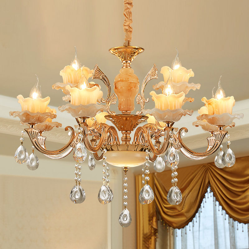 Floral Living Room Ceiling Pendant Rustic Jade Gold Chandelier Lighting Fixture with Crystal Draping 12 Gold A Clearhalo 'Ceiling Lights' 'Chandeliers' Lighting' options 2030226_edc7d11d-2e32-49a6-9558-669ec8f62ecf