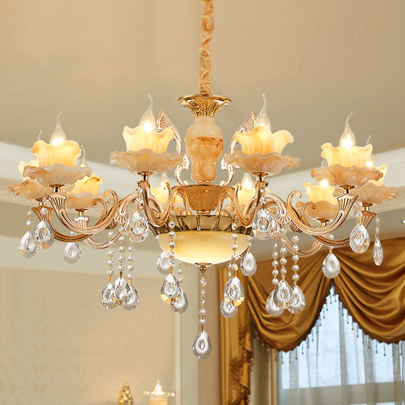 Floral Living Room Ceiling Pendant Rustic Jade Gold Chandelier Lighting Fixture with Crystal Draping 10 Gold A Clearhalo 'Ceiling Lights' 'Chandeliers' Lighting' options 2030227_057bce49-a08b-45d6-aa30-a01abd8a51f5