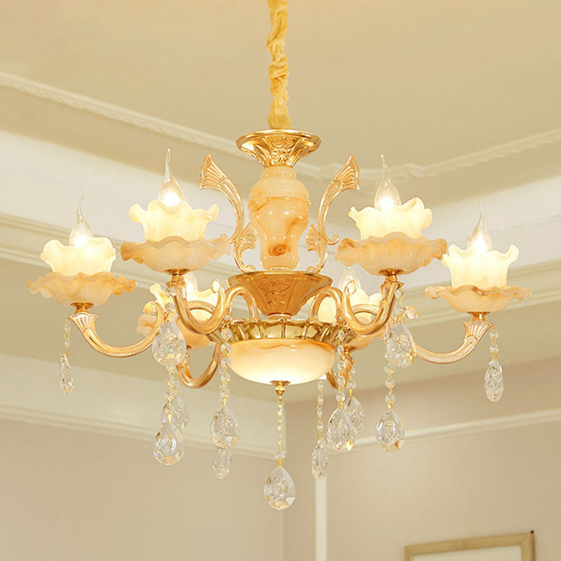 Floral Living Room Ceiling Pendant Rustic Jade Gold Chandelier Lighting Fixture with Crystal Draping Clearhalo 'Ceiling Lights' 'Chandeliers' Lighting' options 2030229