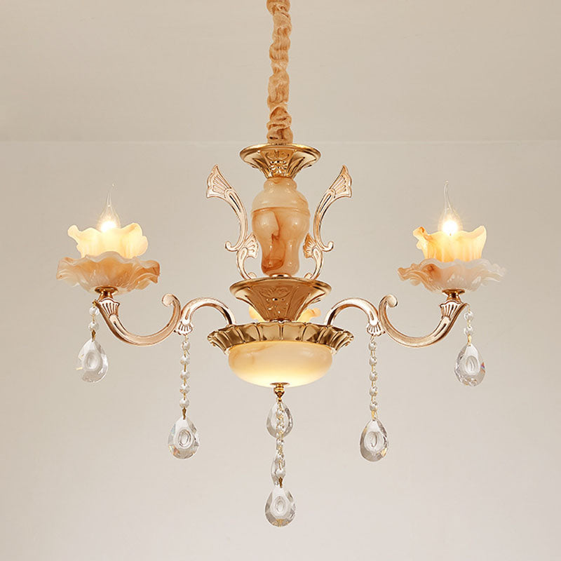 Floral Living Room Ceiling Pendant Rustic Jade Gold Chandelier Lighting Fixture with Crystal Draping Clearhalo 'Ceiling Lights' 'Chandeliers' Lighting' options 2030230