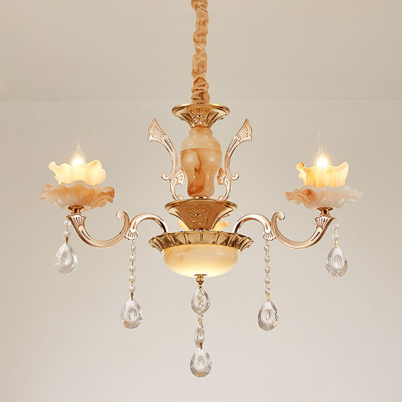 Floral Living Room Ceiling Pendant Rustic Jade Gold Chandelier Lighting Fixture with Crystal Draping 3 Gold A Clearhalo 'Ceiling Lights' 'Chandeliers' Lighting' options 2030230_e98c2b4f-42bb-4914-b24c-cca8fd351147