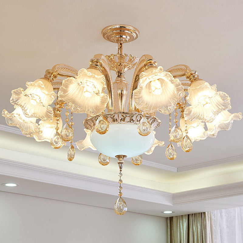Nordic Hanging Lighting Gold Flower Chandelier Light Fixture with Frosted Textured Glass Shade 12 Gold Clearhalo 'Ceiling Lights' 'Chandeliers' 'Glass shade' 'Glass' 'Modern Chandeliers' 'Modern' Lighting' 2030231