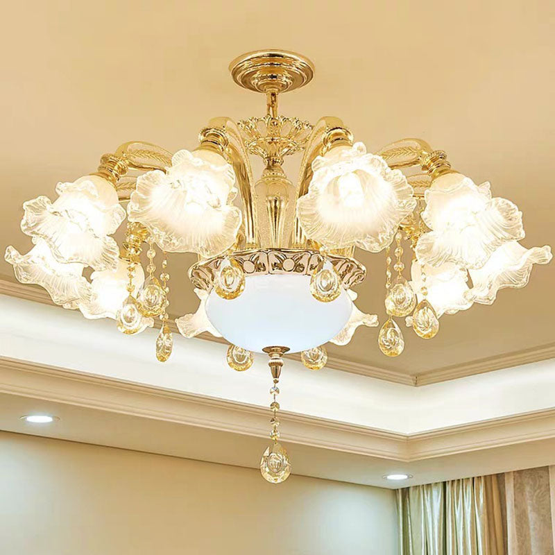 Nordic Hanging Lighting Gold Flower Chandelier Light Fixture with Frosted Textured Glass Shade 10 Gold Clearhalo 'Ceiling Lights' 'Chandeliers' 'Glass shade' 'Glass' 'Modern Chandeliers' 'Modern' Lighting' 2030232
