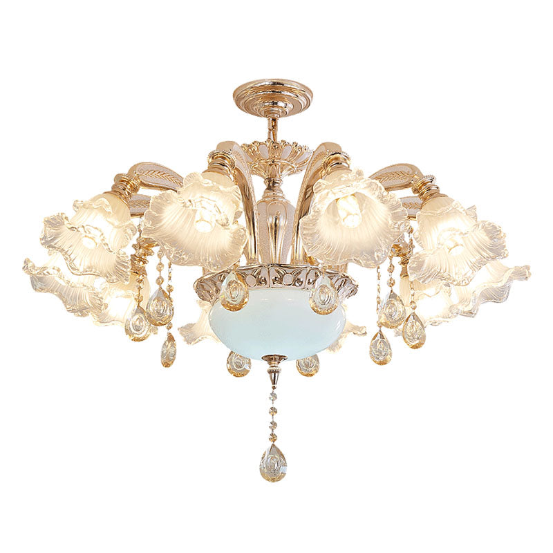 Nordic Hanging Lighting Gold Flower Chandelier Light Fixture with Frosted Textured Glass Shade 8 Gold Clearhalo 'Ceiling Lights' 'Chandeliers' 'Glass shade' 'Glass' 'Modern Chandeliers' 'Modern' Lighting' 2030233