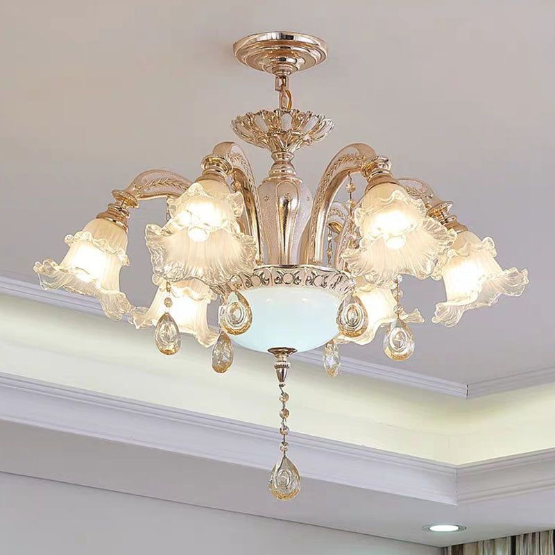 Nordic Hanging Lighting Gold Flower Chandelier Light Fixture with Frosted Textured Glass Shade 6 Gold Clearhalo 'Ceiling Lights' 'Chandeliers' 'Glass shade' 'Glass' 'Modern Chandeliers' 'Modern' Lighting' 2030234