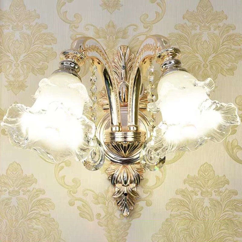 Nordic Hanging Lighting Gold Flower Chandelier Light Fixture with Frosted Textured Glass Shade 2 Gold Clearhalo 'Ceiling Lights' 'Chandeliers' 'Glass shade' 'Glass' 'Modern Chandeliers' 'Modern' Lighting' 2030236